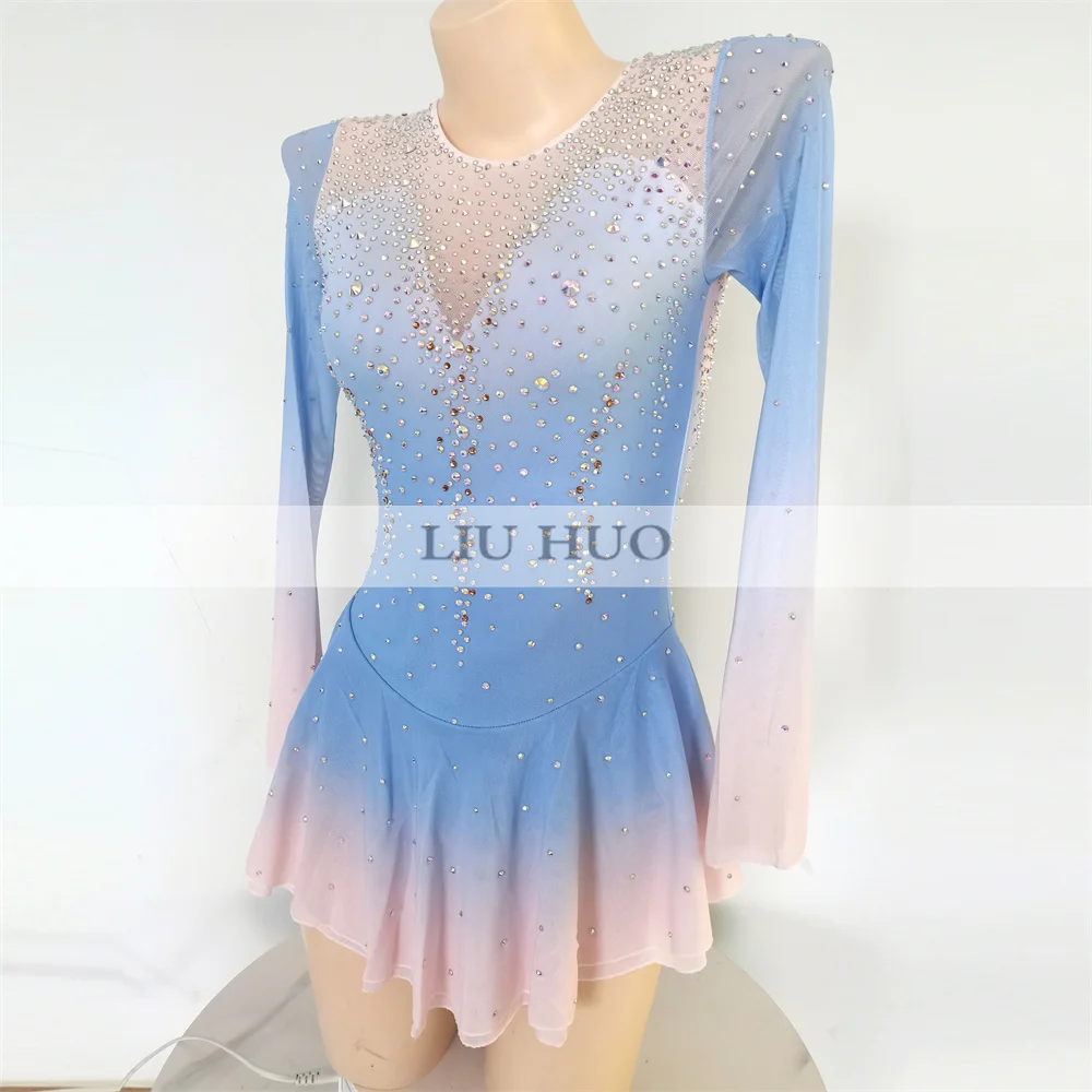 LIUHUO Ice Dance Figure Skating Dress Women Adult Girl Teen Customize Costume Performance Competition Leotard Gradient Blue Pink