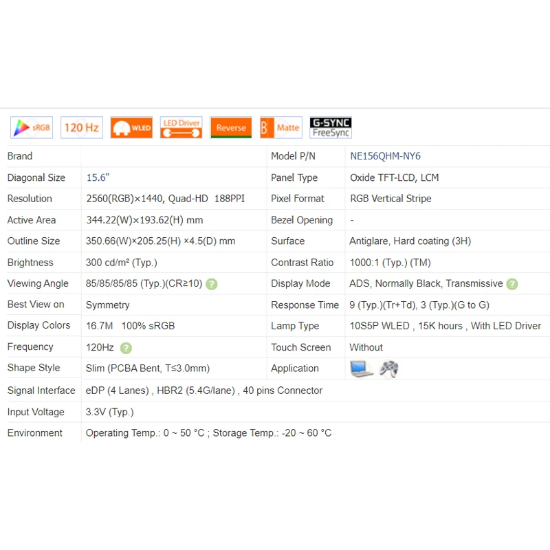 15.6นิ้ว120Hz NE156QHM แล็ปท็อป NE156QHM-NY6 NY6แผงเมทริกซ์อะไหล่2560x1440 EDP 40 Pins Non-Touch