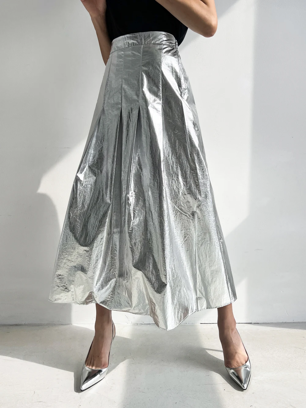 2Colors Women Summer Autumn Pleated Long Skirts For Womens Elastic High Waist Vintage Silver Skirt Female(w10051)