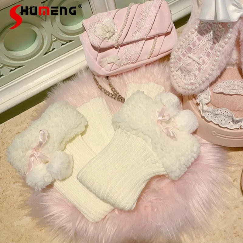 

Original Beige Slouch Socks Knitted Socks Faux Rabbit Fur HosieryCute Mid-Calf Bowknot Leg Warmers Socks Ladies Y2k Foot Warmers