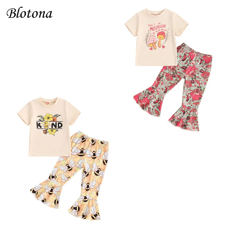 

Blotona Toddler Girl Pants Outfit Letter Print Short Sleeves Tops with Bee Pattern Bell Bottom Trousers Set 6M-4Y