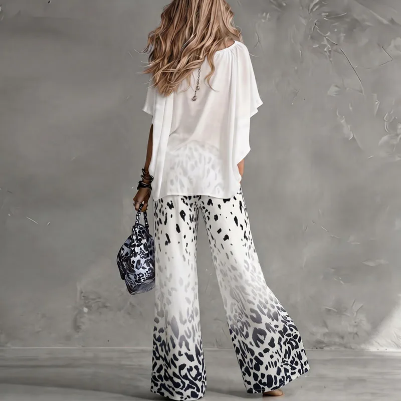 Summer Batwing Sleeve Women 2 Piece Outfit Gradient Leopard Print Wide Leg Pants Set Casual Beach Vacation Matching Pockets Suit