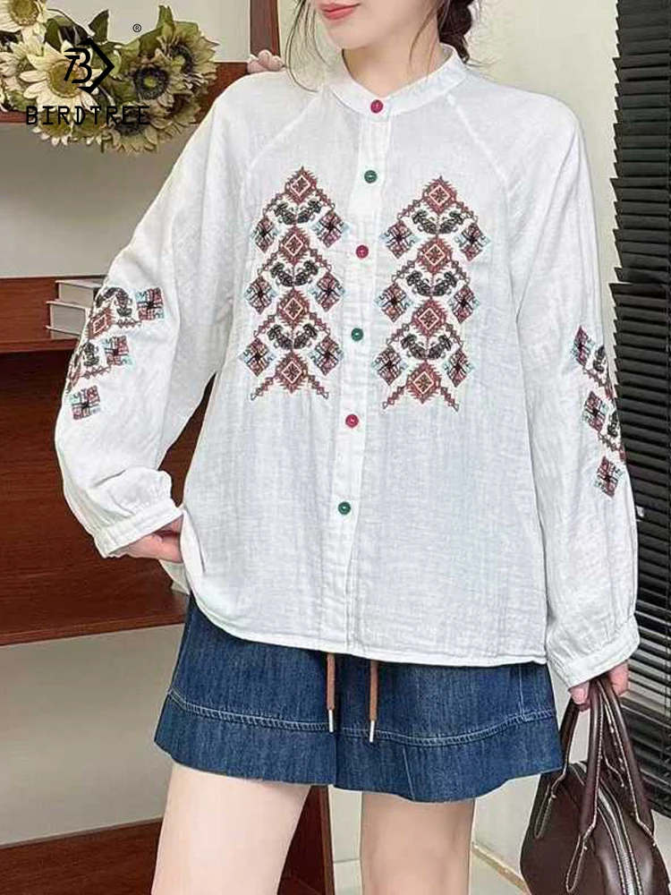 

New 2025 Winter Cotton Yarn Long Sleeve Shirt, Women Stand Embroidery, Mori Girl Vintage National Style Loose Blouse T5N789CC