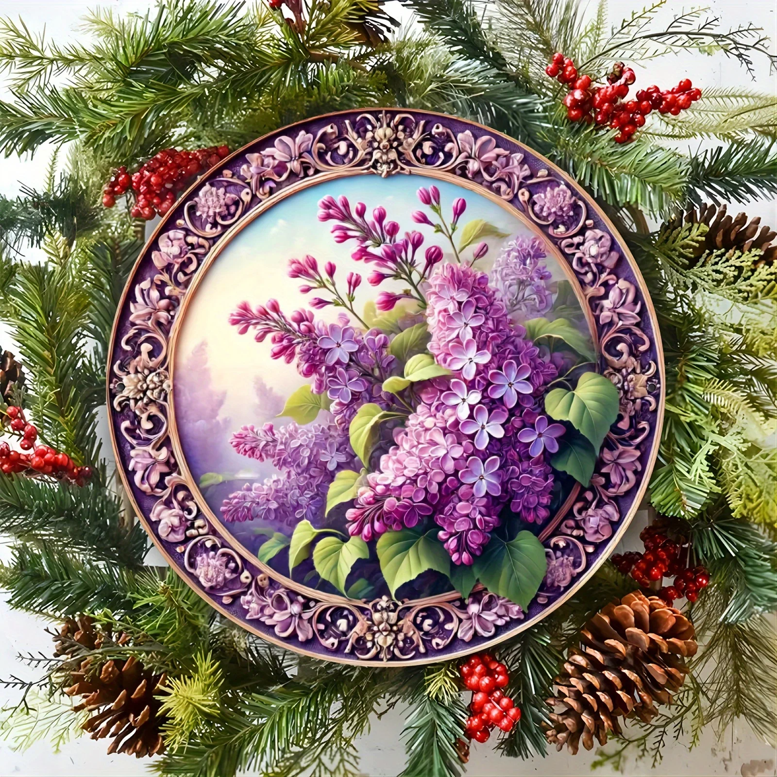 CIFBUY Vintage Blooming Violet Metal Wall Art Waterproof Durable Aluminum Wall Art Purple Floral Gold Accent Green Leaf Decor fo