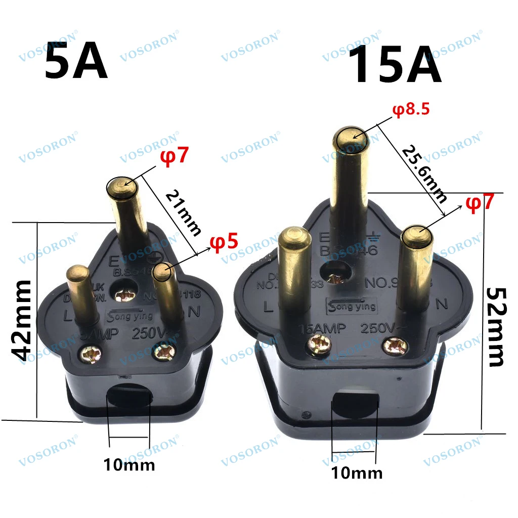 South Africa Assembly Plug AC250V 5A/15A Round 3 Pins, Detachable Removable Cable Connector, High Power India Wiring Plug