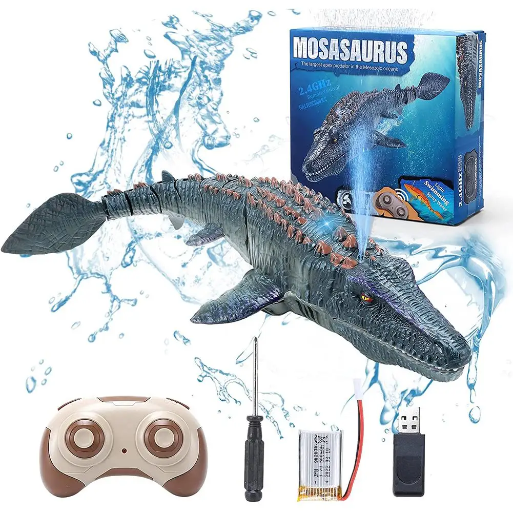 Dinosauro telecomandato per bambini Mosasaurus Diving Toys Rc Boat Light Spray Water per piscina lago bagno Ocean Bath Toy