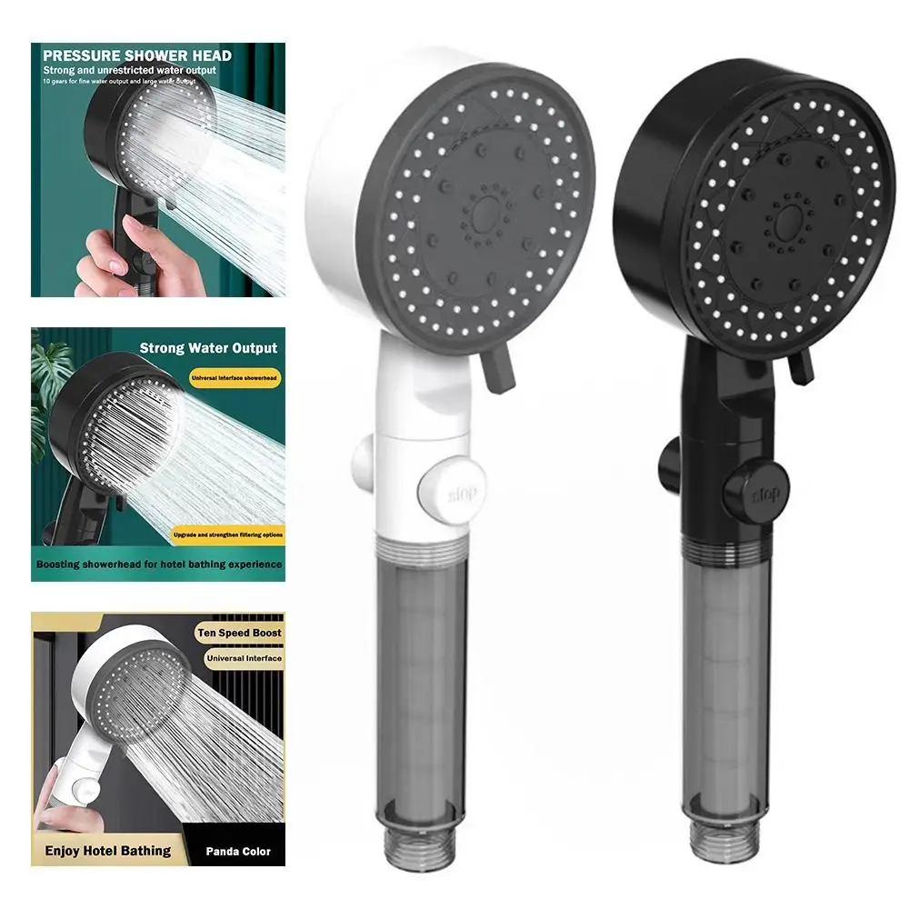 10 Spray Modes High-Pressure Shower Head Black White Color One Touch Stop Water Saving Shower Filter Function Fall Resistance