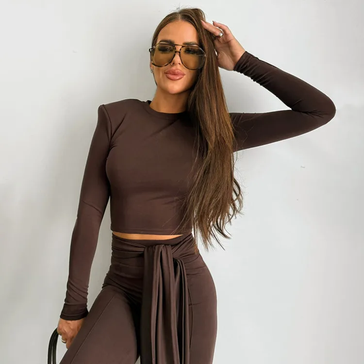 Blifanbo Pantaloni lunghi causali autunnali Set da due pezzi Top slim a maniche lunghe da donna e pantaloni lunghi con lacci alla moda Set moda elegante