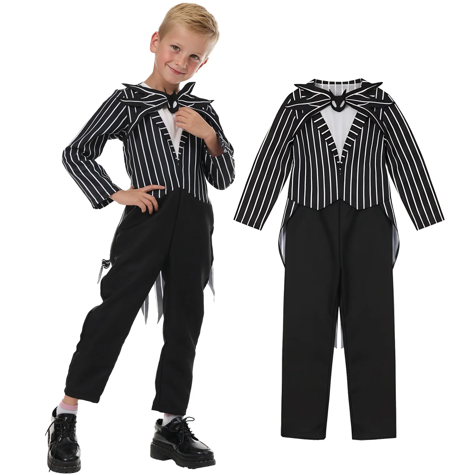 Schwarzer, weiß gestreifter Smoking-Overall mit Skelettkragen für Jungen, Halloween-Geister-Gentleman-Kostüm für Kinder, Karneval, Bühnenparty-Outfit – Detail 3