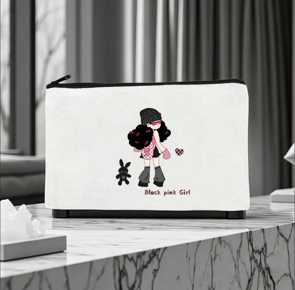 1PC Double-sided Print Canvas Pouch Fashion Cartoon Girl Rabbit Zipper Cosmetic Storage Bag