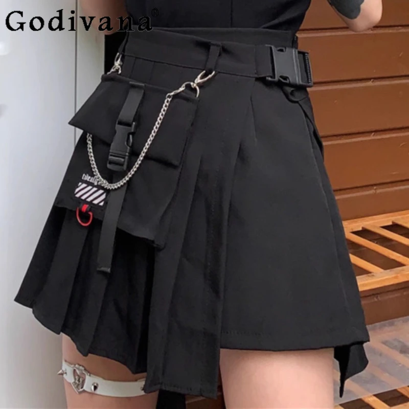 

Large Size L-4XL Girl Spring Summer High Waist Irregular Age-reducing Pleated Skirt A-line Black Versatile Retro Fashion Skirts