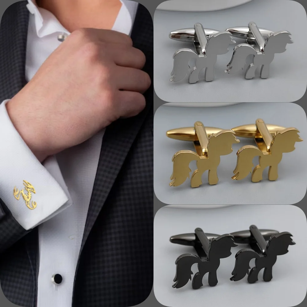 Funny pony cute cufflinks in gold-plated black, French shirt cuff accessories, worn by high-end business men