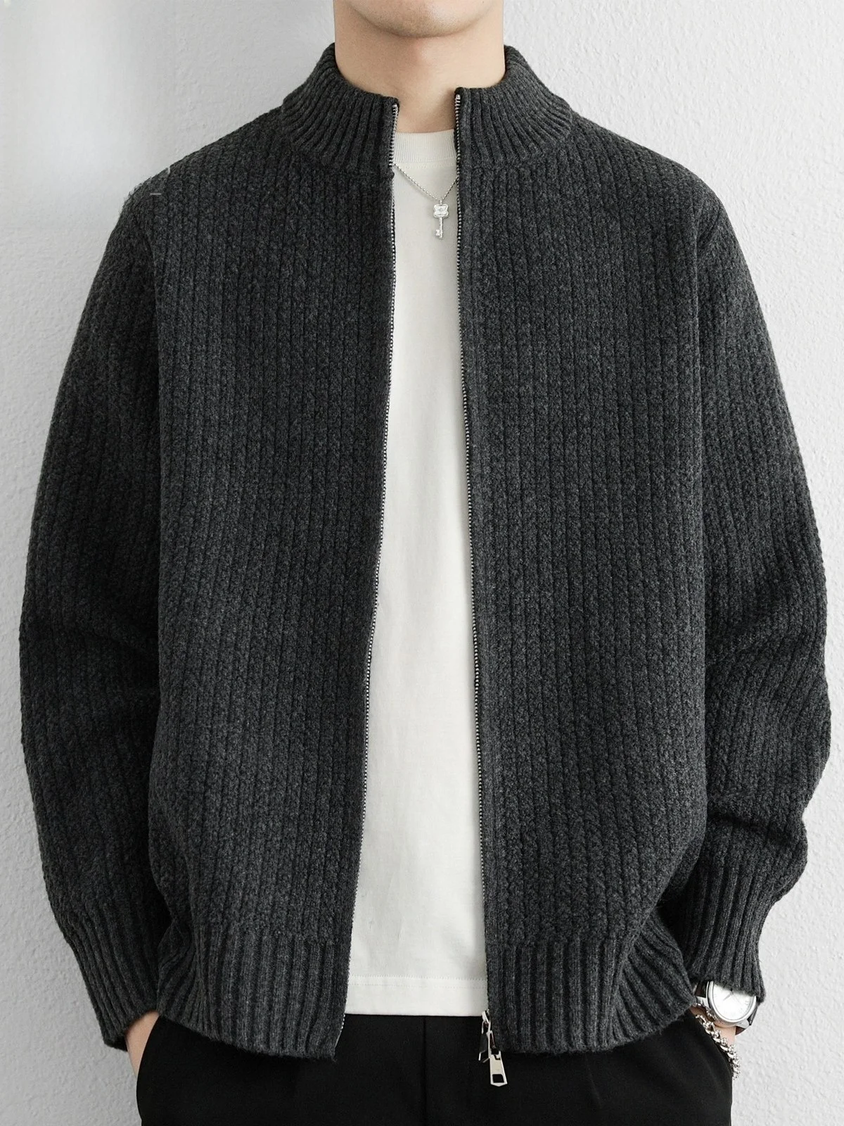 

Lazy Sle Knitted Sweater Stand Collar Men's Spring New Warmth Cardigan Coat Casual Loose Fit Long Sve Pure Color