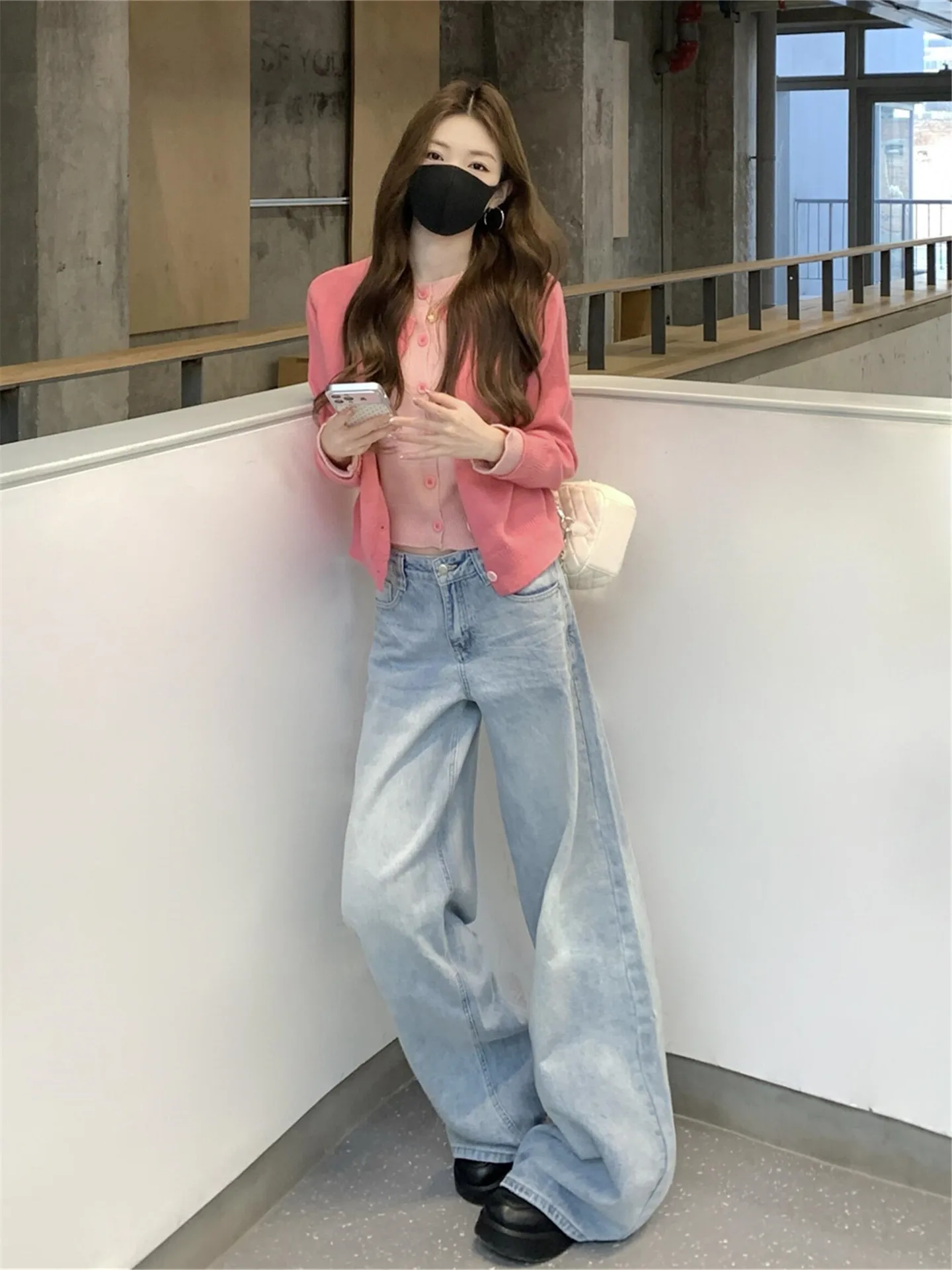 

Retro American Light Blue Wide Leg Jeans Women's Loose Drapey Tall Extended Straight Floor-Length Pants Commute Cotton