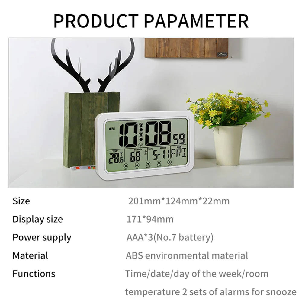 Large Number Electronic Wall Clock Student Alarm Clock Temperature Humidity Calenda Display Touch Setting Button Home Decoration