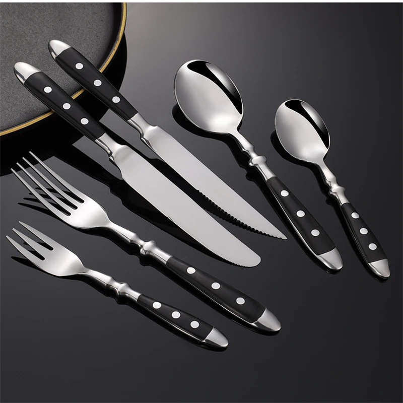 Western 430 Stainless Steel Cutlery Set Balck Full Service Tableware Rivet Handle Serving Spoon Knife Fork Teaspoon Teafork