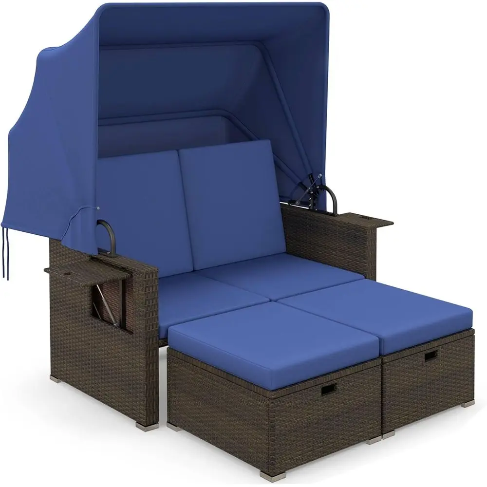 

2-Person Cushioned Rattan Daybed with Adjustable Backrests, Side Tables, and Storage Ottomans for Outdoor Relaxation