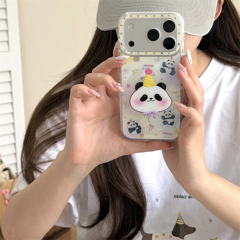 

Kawaii Birthday Panda Case with 3D Grip Stand for iPhone 15 16 17 Pro Max Clear Glitter Shockproof Cute Protective Case