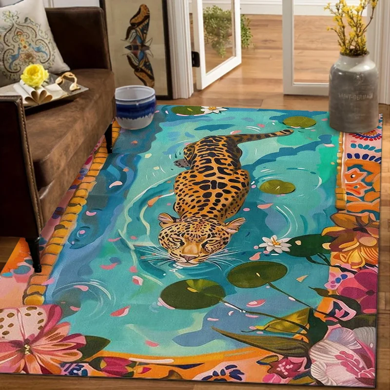 VIKAMA Luxury Black Leopard Rug Pink Peony Gold Art Print Anti Slip Floor Mat Aesthetic Carpet For Indoor Home Decoration