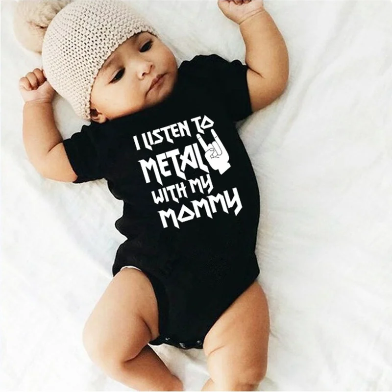 I Listen to Metal with My Daddy and Mommy Funny Newborn Baby Bodysuit Short Sleeve Body Baby Boy Girl Onesie Romper Clothes - view 2