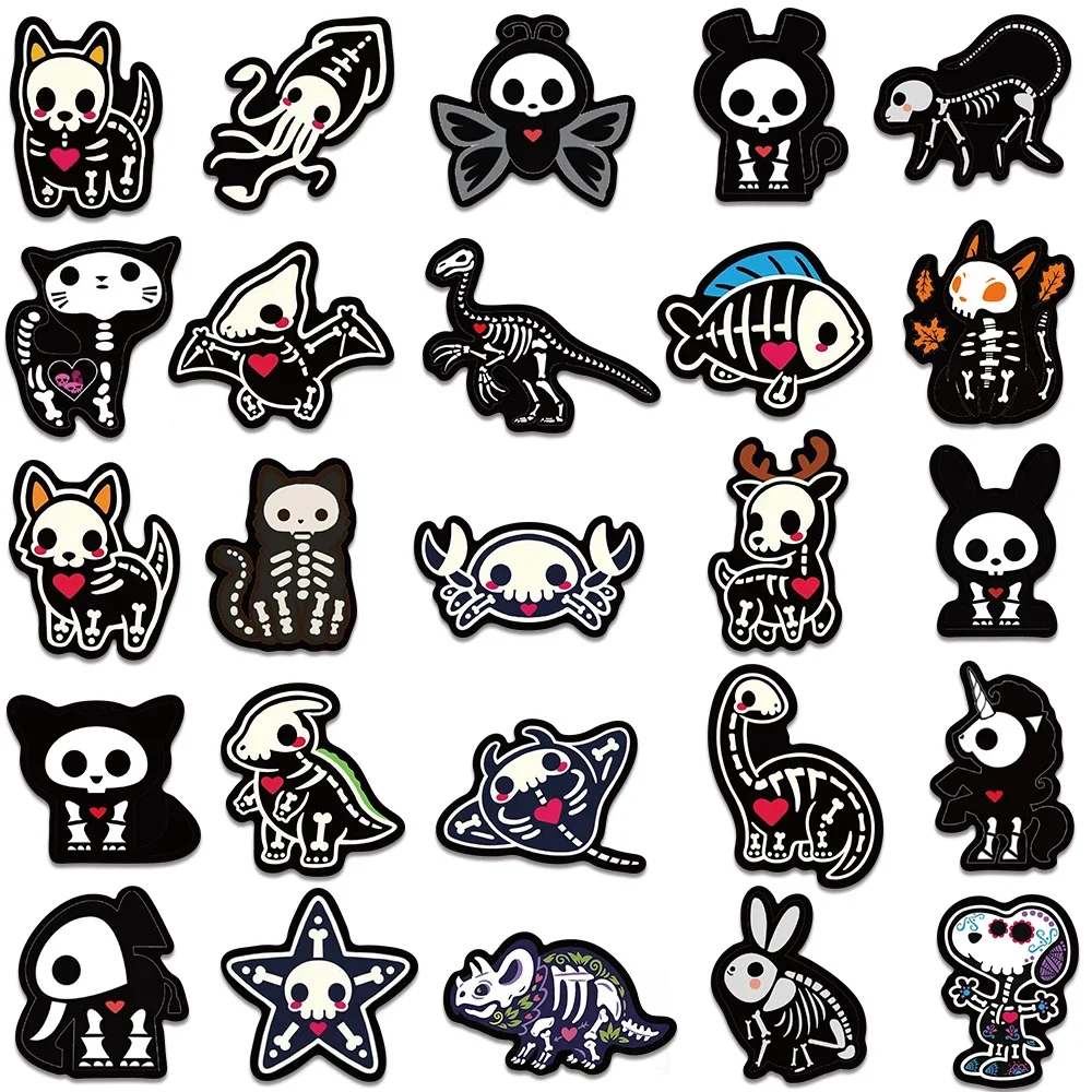 50Pcs Cartoon Animals Skeleton Skull Stickers Cute Horror DIY Stickers Scrapbooking Phone Luggage Skateboard Waterproof Decals