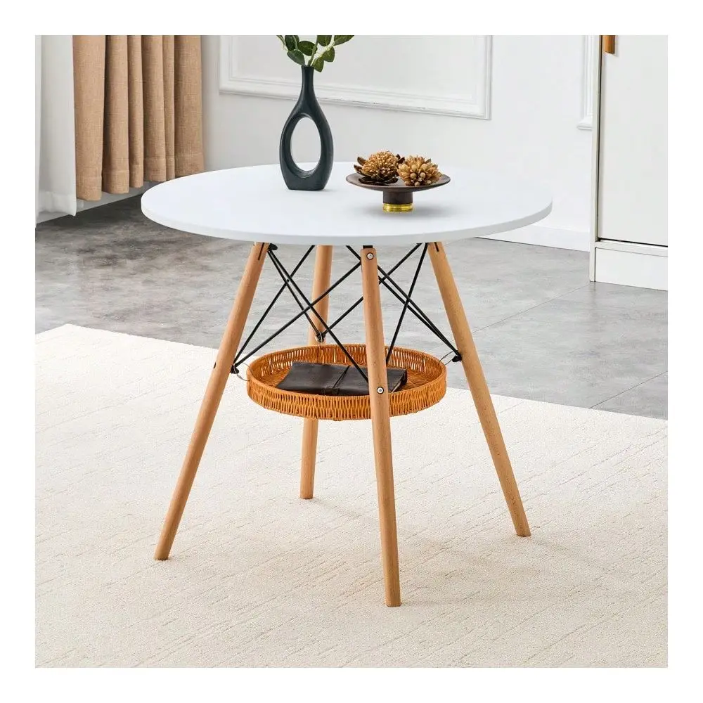 Diameter Circular Dining Table, White MDF Vacuum Formed Tabletop, Solid Wood Legs, With Suspended Woven Storage Basket Structur