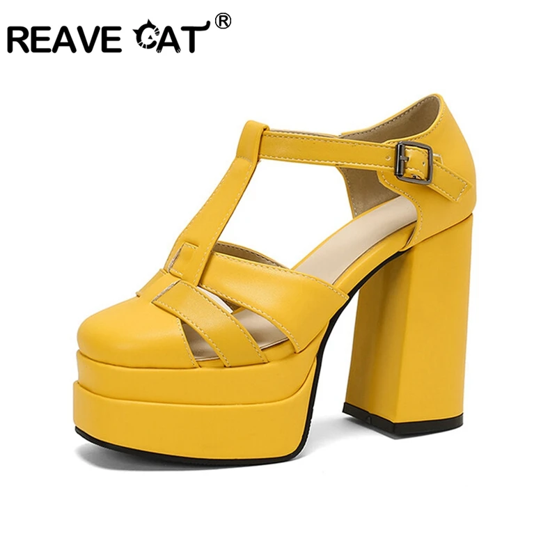 

Женские босоножки на высоком каблуке REAVE CAT, брендовые сандалии на платформе 12 см с круглым носком и ремешком с пряжкой, привлекательные босоножки больших размеров 46, 47, 48, 50 на высоком каблуке 4,5 см