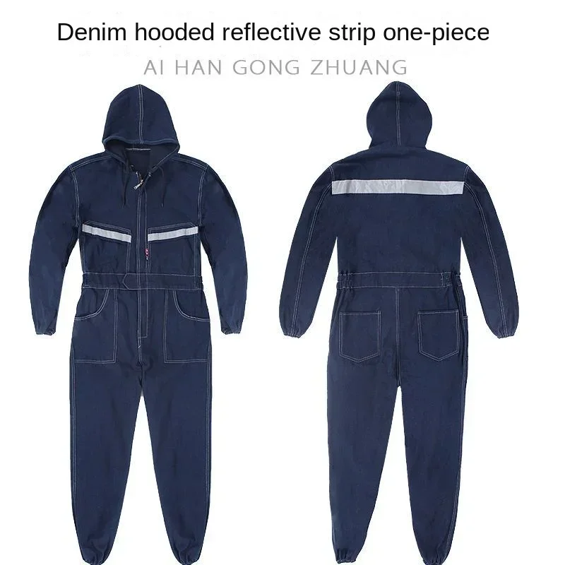 Denim Jumpsuit Werkpak Spuitbus Lasser Beschermende Autoreparatie Cargo Fokken Ademende Capuchon Reflecterende Jumpsuit