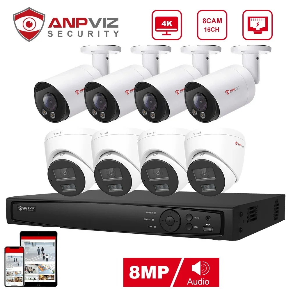 Anpviz 16CH 4K NVR 8MP POE IP Customized Camera Plug&Play System CCTV Outdoor Security Surveillance Kit Remote View H.265 IR 30m