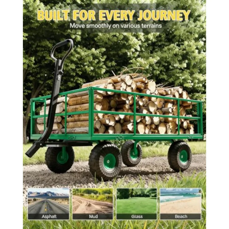 Steel Garden Cart - Heavy Duty Outdoor Utility Wagon, 13 Wheels, Removable Mesh Sides, 2-in-1 Pull or Push Handle, for Yard, La