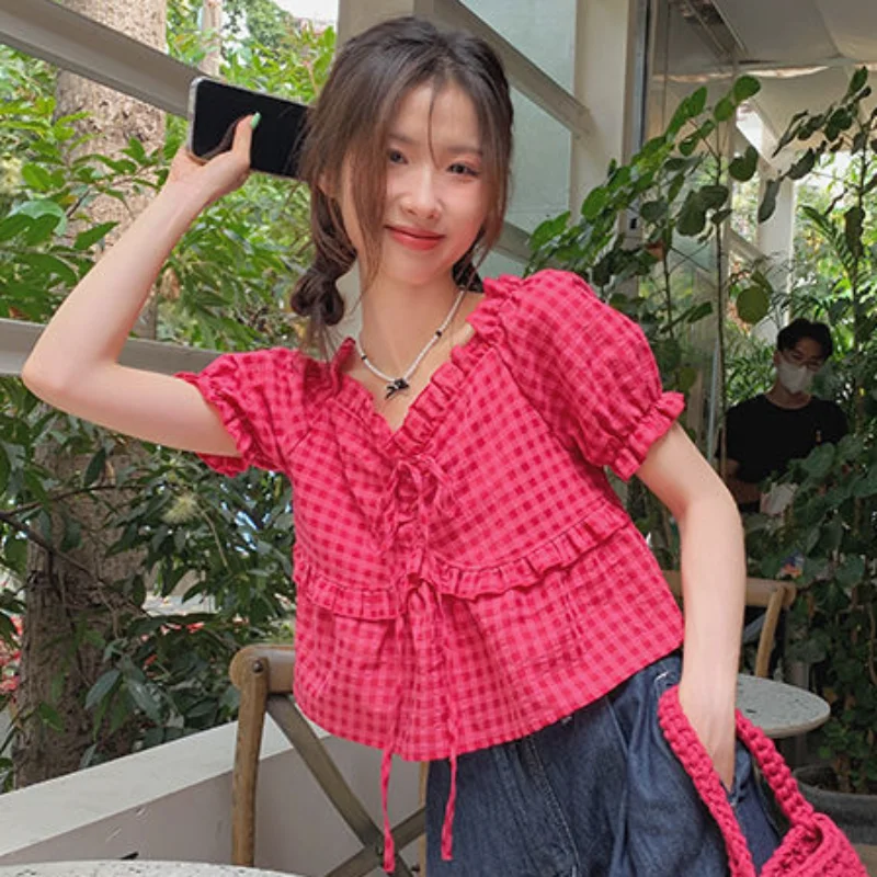 Crop Tops Blouses Women Plaid Sweet Summer Bandage Loose Tender Streetwearr Fashion Girlish Chic Ulzzang Aesthetic Teens Casual