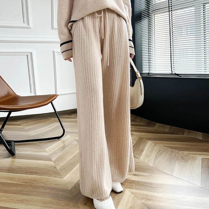 Casual loose women\'s 100% pure wool wide leg pants solid color knitted autumn and winter women\'s long wool wide leg pants new