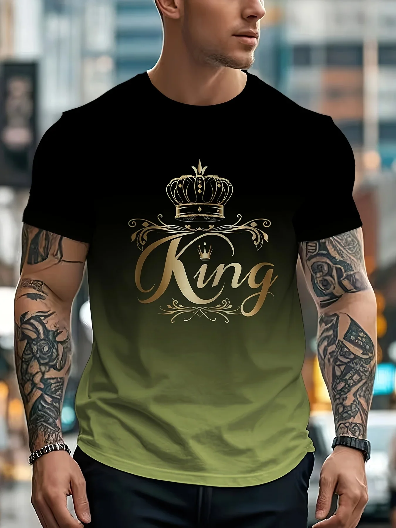 Modisches Herren-T-Shirt mit Farbverlauf und King-Print, Kurzarm, Sommer, Streetwear, Outdoor, Lässig, Rundhals-T-Shirt