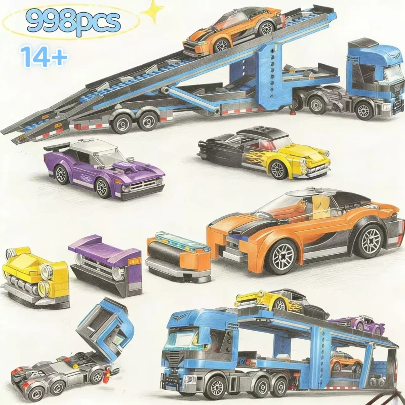 

60408 City Series 998 шт. спортивный автомобильный транспортер, двухэтажные строительные блоки с прицепом, подарок для мальчиков/девочек и детей