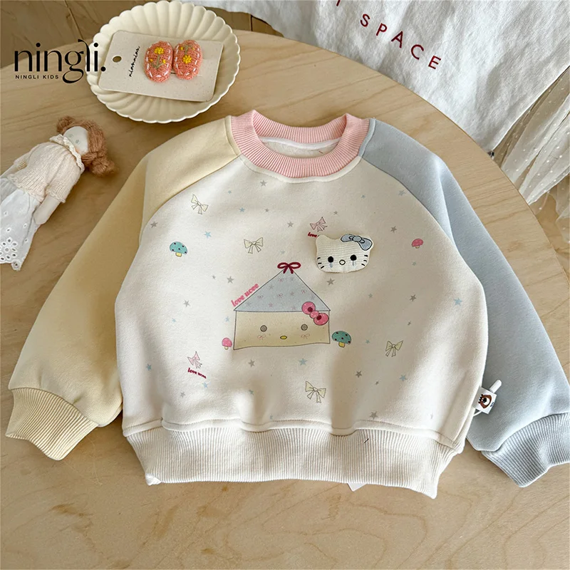 

Детский свитшот Hello Kitty, осенне-зимние новые контрастные топы с длинными рукавами, корейские теплые флисовые толстовки с круглым вырезом