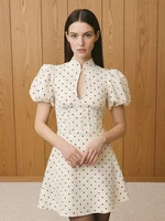 Retro Polka Dot Mini A-line Dress Elegant Stand Collar Puff Short Sleeve Waist-cinching Dresses 2026 New Lady Party Gowns - Image 4