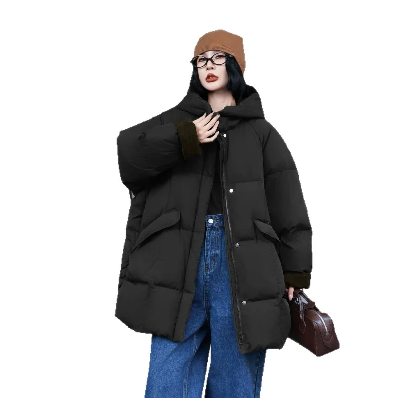 المرأة منتصف طول أسفل سترة 2025 خريف/شتاء جديد وصول فضفاضة تناسب مقنعين موضة عادية المتضخم سميكة معطف دافئ #6