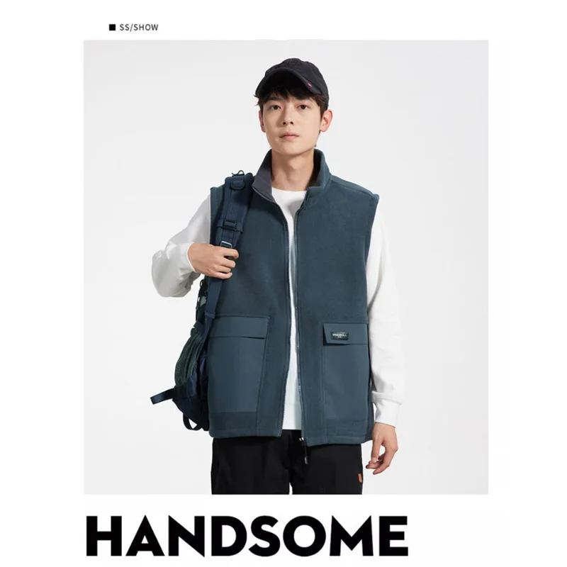 Men's Stand-up Collar Polar Fleece Vest Trendy and Versatile Outer Vest Casual Sleeveless