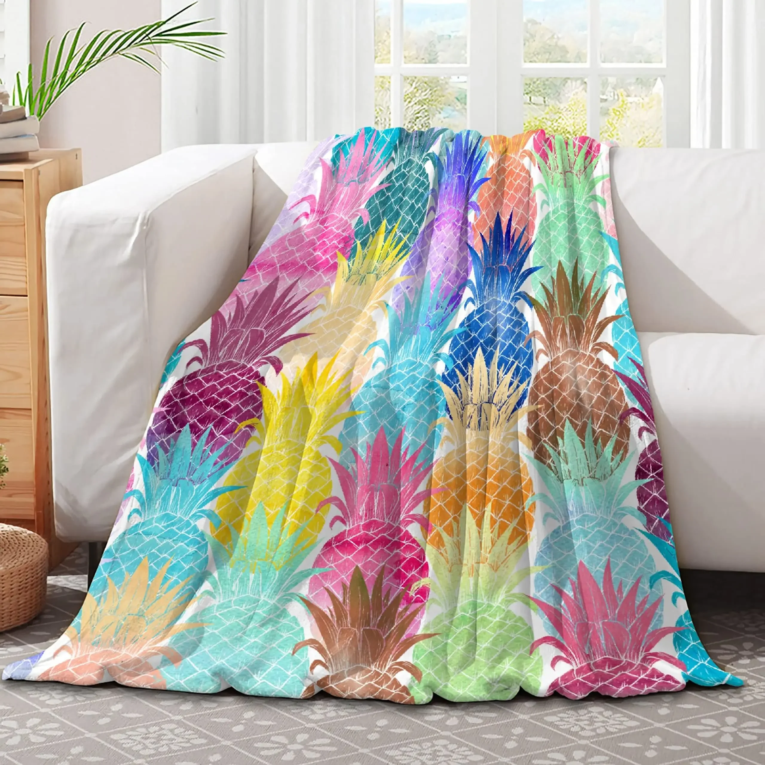 Pineapple Pattern Blanket Soft Throw Warm Lightweight Tropical Fruits Style Flannel Blanket for Bedroom Travelling Camping Decor