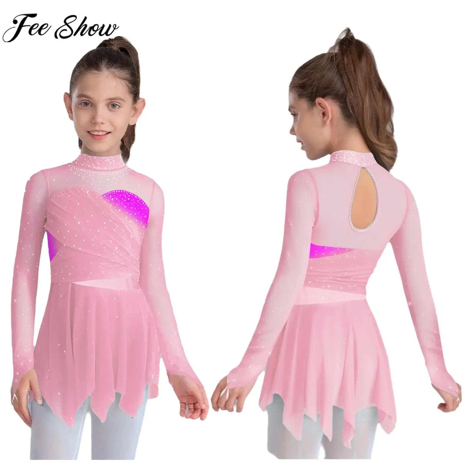 Teen Girls Figure Skating Lyrical Dance Ballet Gymnastics Acrobatics Costume Long Sleeve Rhinestones Sheer Mesh Leotard Dress