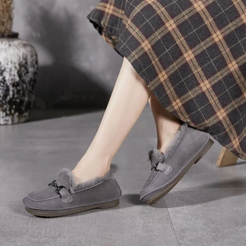 Women Loafers Sheep Fur Leather Shoes Slip on Winter Warm Flats Women Handmade Genuine Leather Women Ballet Flats Soft