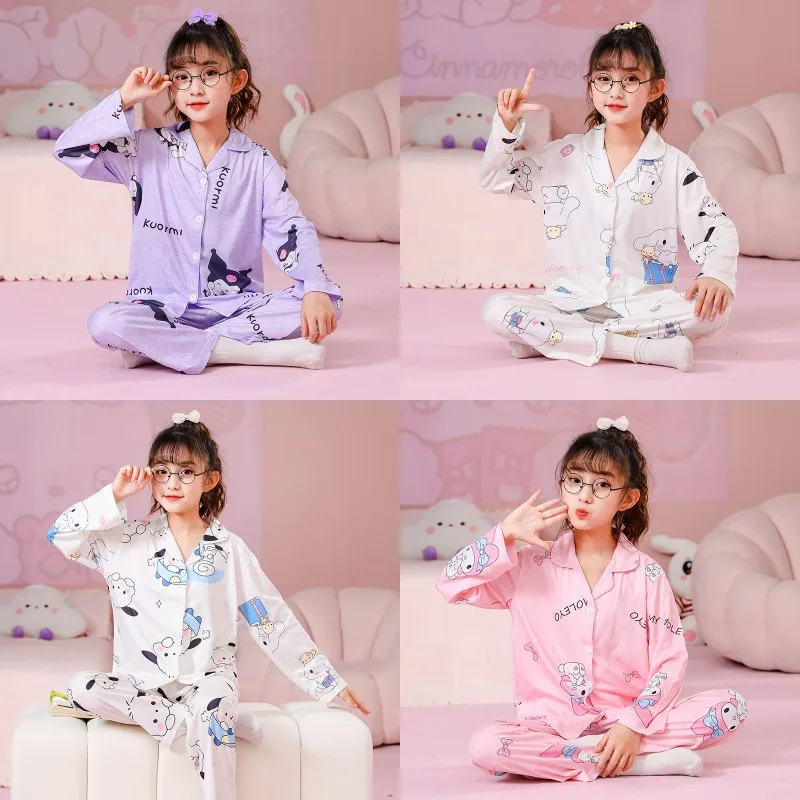 Sanrio Cinnamoroll Kids Pajamas Kuromi My Melody Hello Kitty Children Casual Spring Home Long Sleeve Set Girls Nightwear Pants