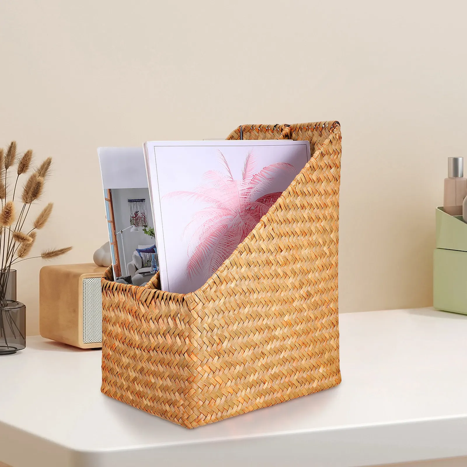 

Handwoven Straw File Holder Document Organizer Office Desk Book Storage Basket for Study Files Woven Document Organizer