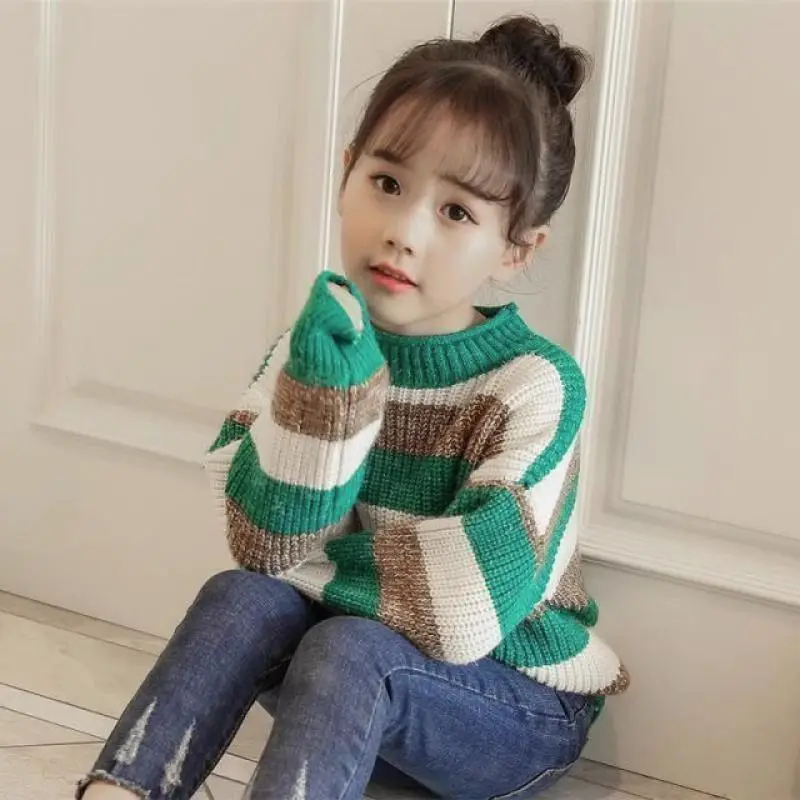 

Girls New Cute Korean Style Casual Autumn Winter Striped Pullover Knitted Sweater 2-13 Years Kids Thick Outfits Base Shirts Tops