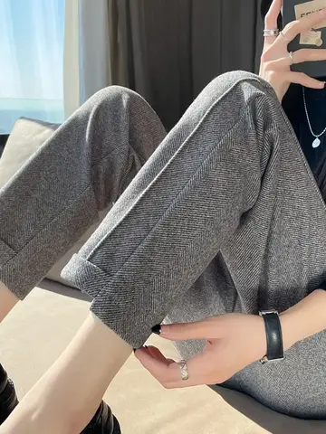 Varma, förtjockade, beskurna byxor 2025 Höst/vinter Nya dambyxor Lösa, avslappnade fiskbensbyxor med hög midja, raka tweedbyxor 10 best sales tweedbyxor - №3