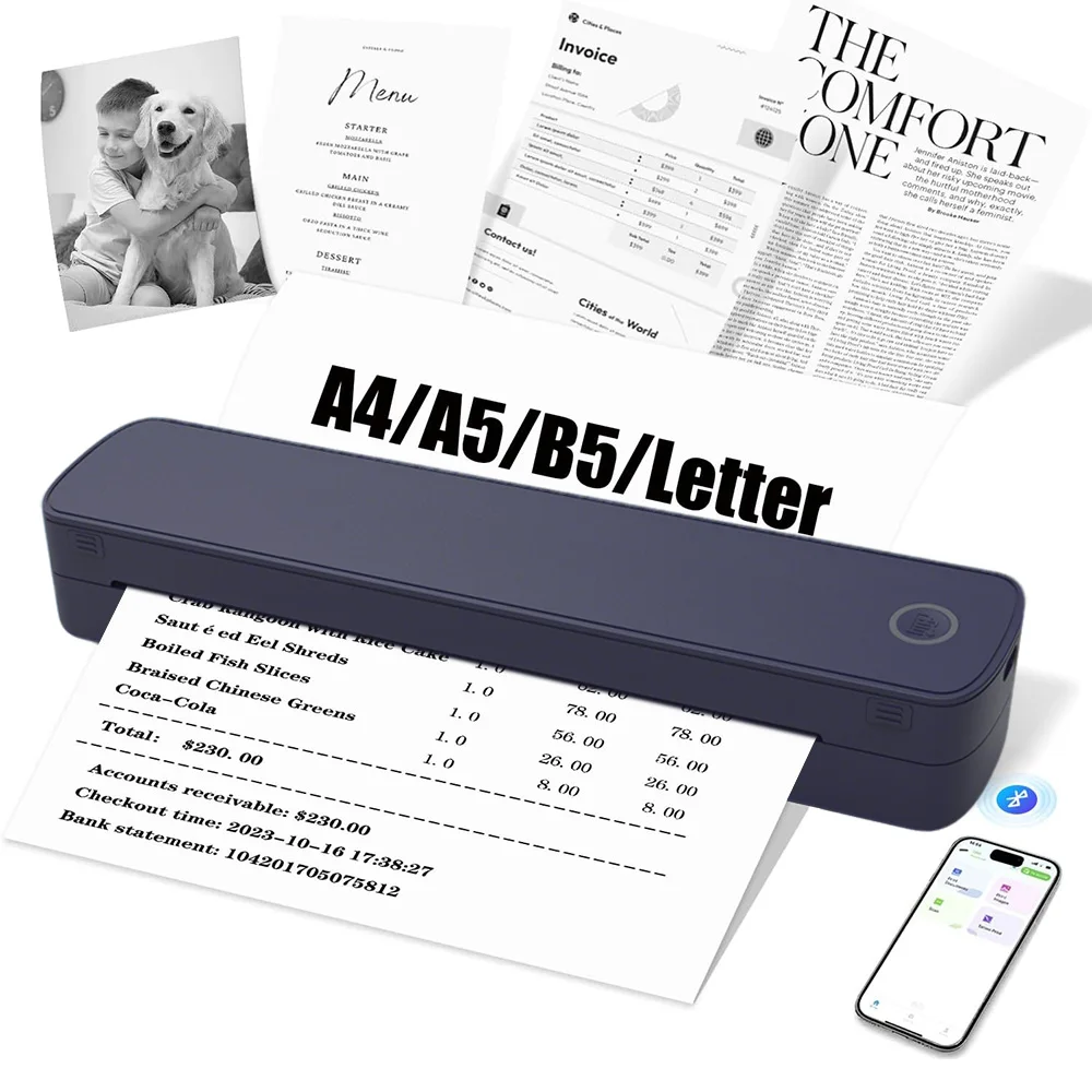 Mini A4 Portable Thermal Printer Inkless Bluetooth & USB Connection Compatible iOS Android Windows Mac Travel Document Printer