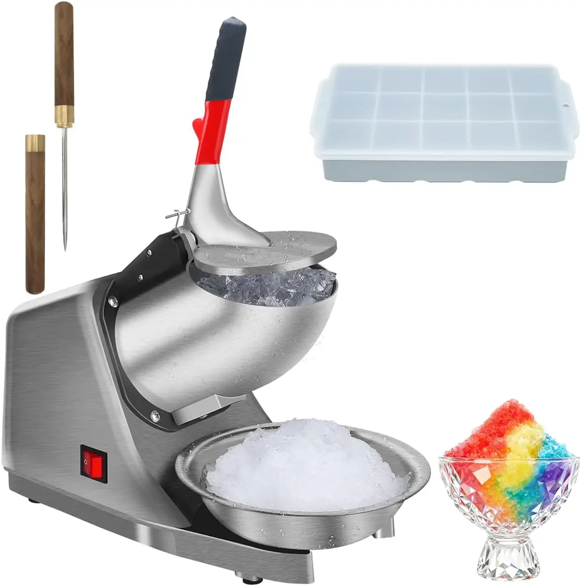 

Electric Snow Cone & Shaved Ice Machine with Stainless Steel Blade, 300W, Free Ice Pick & Tray