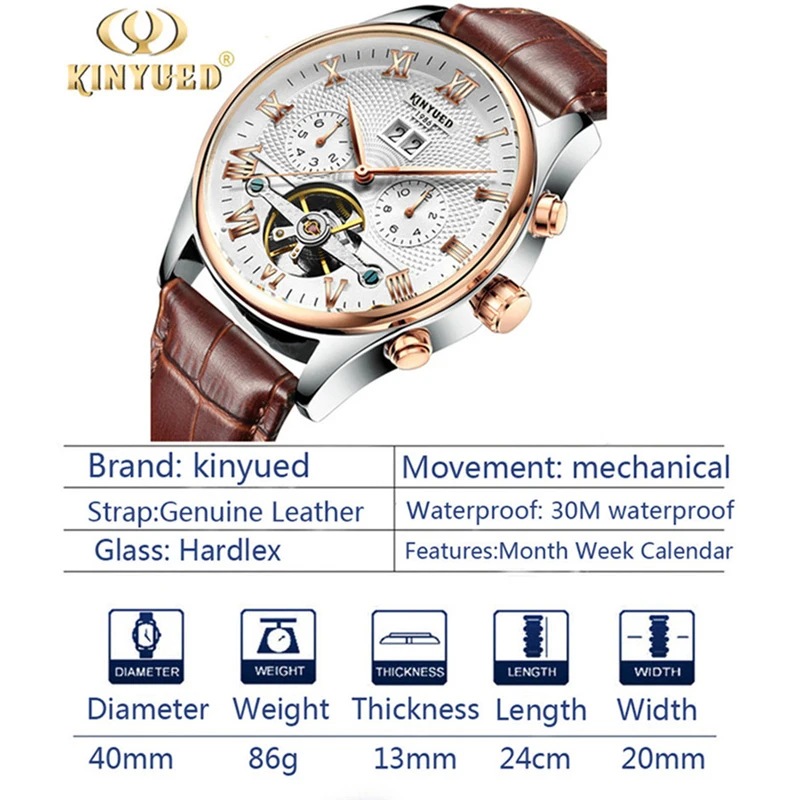 KINYUED أزياء رجالي فاخرة العلامة التجارية الأصلية توربيون ساعات آلية رجالية جلدية مقاوم للماء التلقائي التناظرية ساعة للرجل