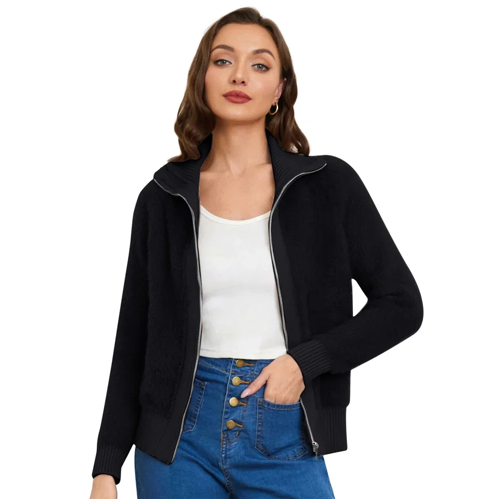 BP Coat For Female Vintage Stand Collar Cardigan Long Sleeve Lapel Collar Zip-Up Sweater Fashion Solid Color Casual Jackets