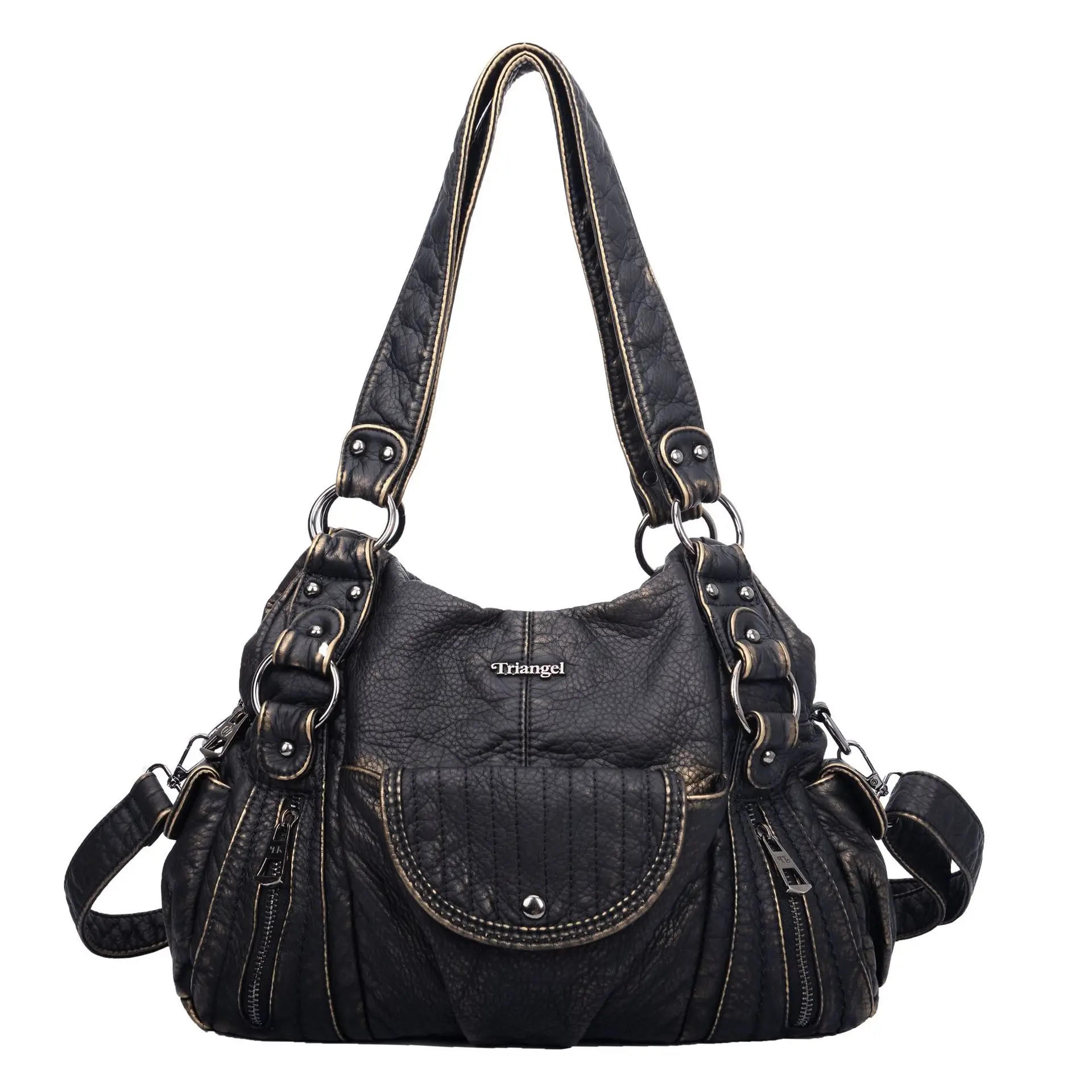 Venn Angel Handbag Women's Vintage Distressed Leather Hobo Bag Y2K Slouchy Shoulder Tote with Multi-Pockets & Adjustable Strap